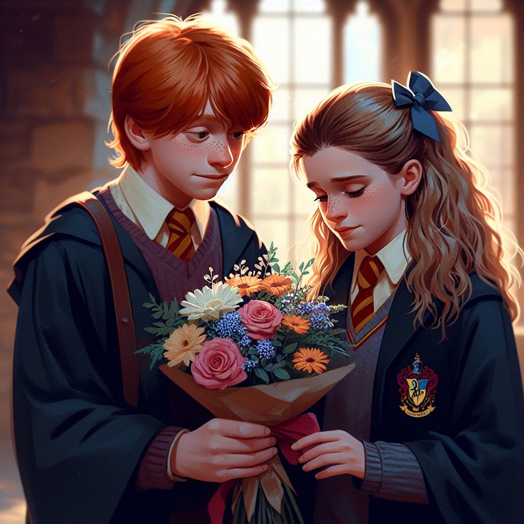 Гарри Поттер дарит Джинни букет цветов