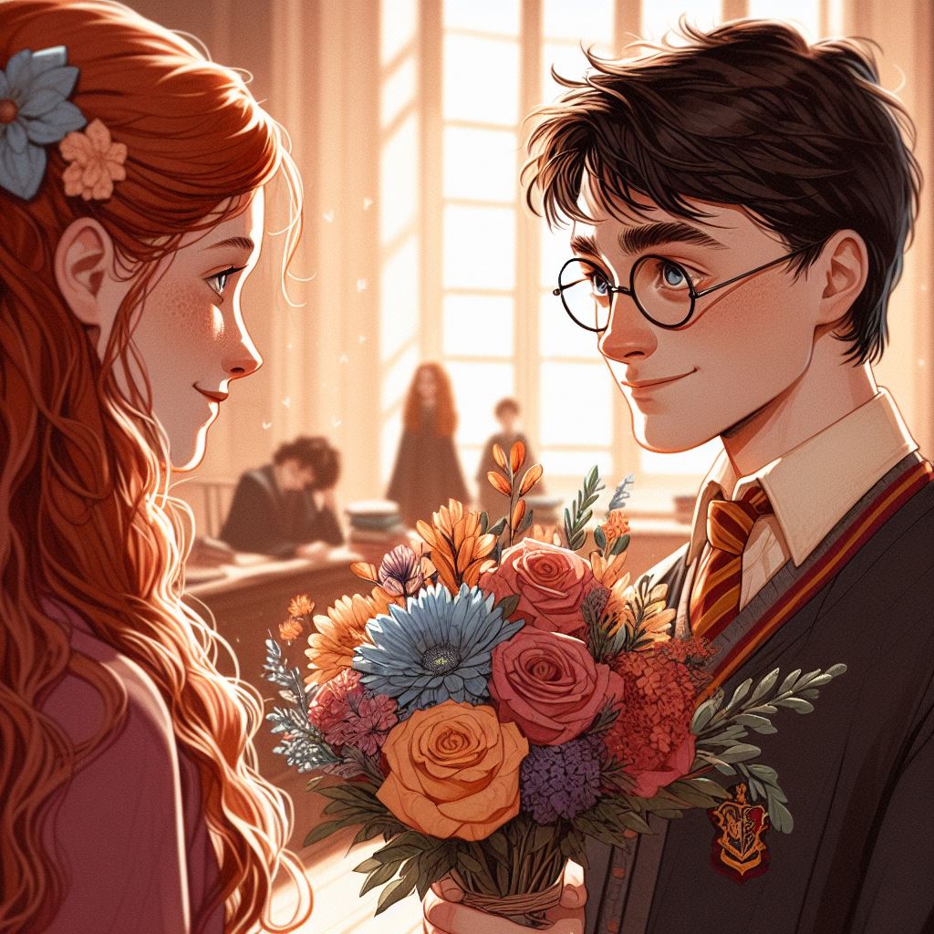 Гарри Поттер дарит Джинни букет цветов