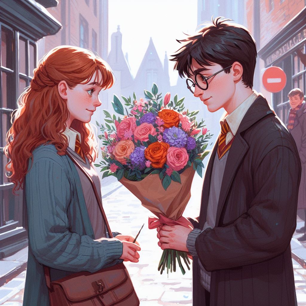 Гарри Поттер дарит Джинни букет цветов1