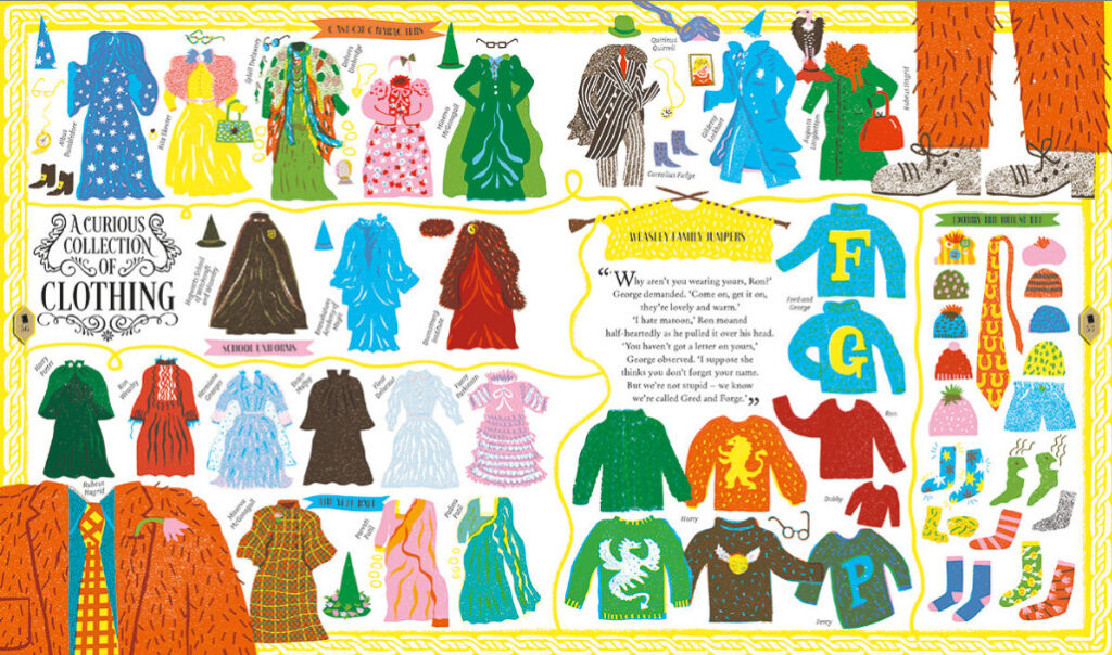 эта страница (нарисованная Луизой Локхарт), иллюстрирует наряды персонажей от джемперов миссис Уизли до носков Добби