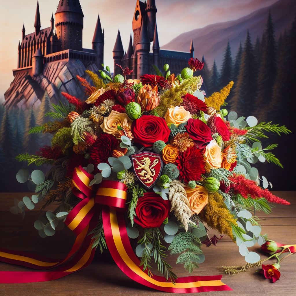 Букет цветов в стиле Гарри Поттера факультет Гриффиндор4