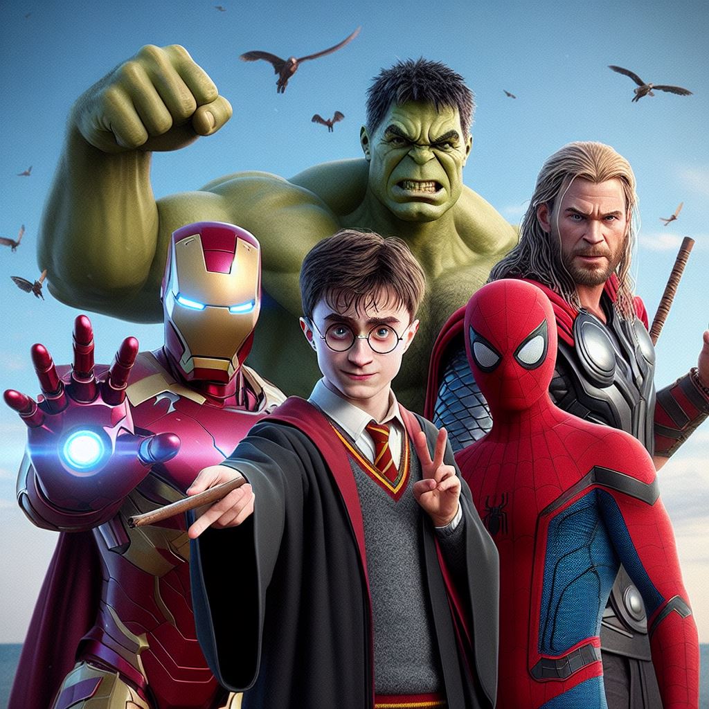 Гарри Поттер позирует с Железным человеком, Тором, Человеком-пауком, Халком и Капитаном Америкой1