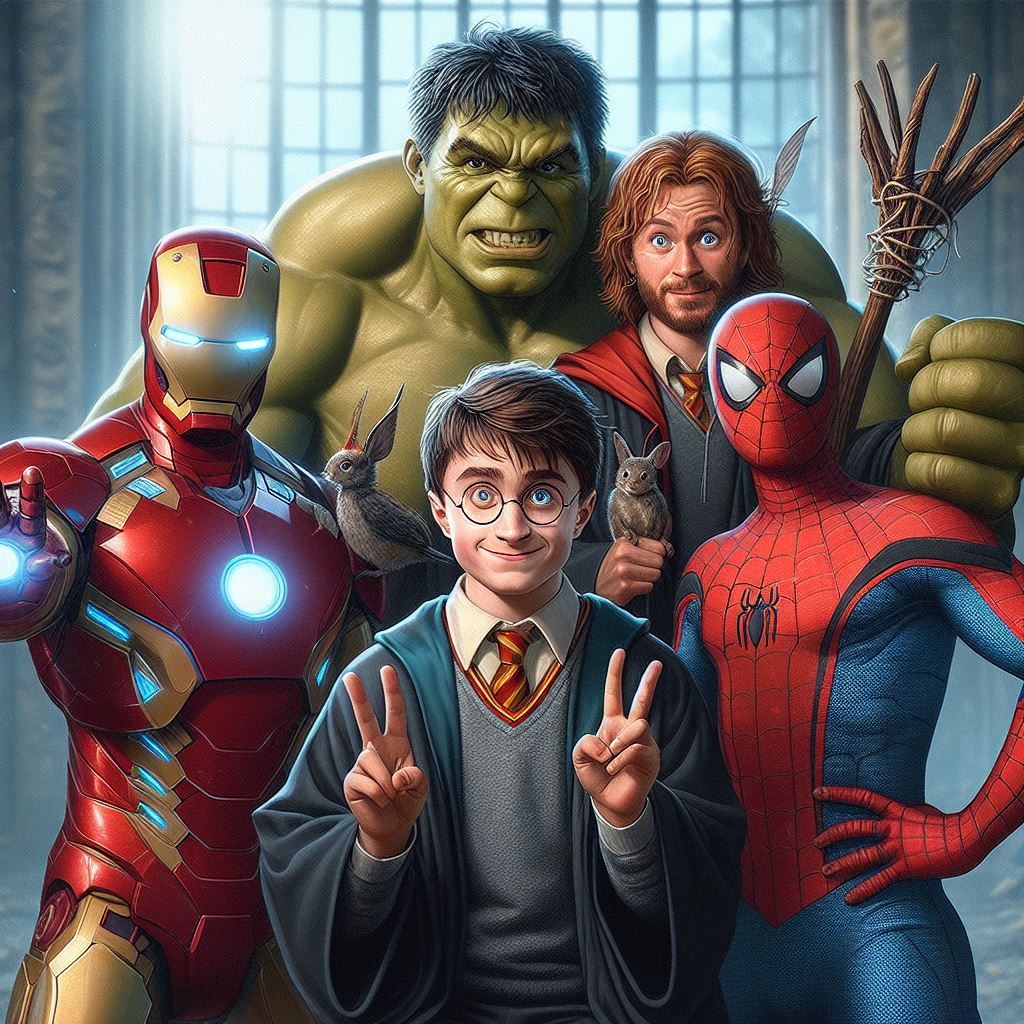 Гарри Поттер позирует с Железным человеком, Тором, Человеком-пауком, Халком и Капитаном Америкой